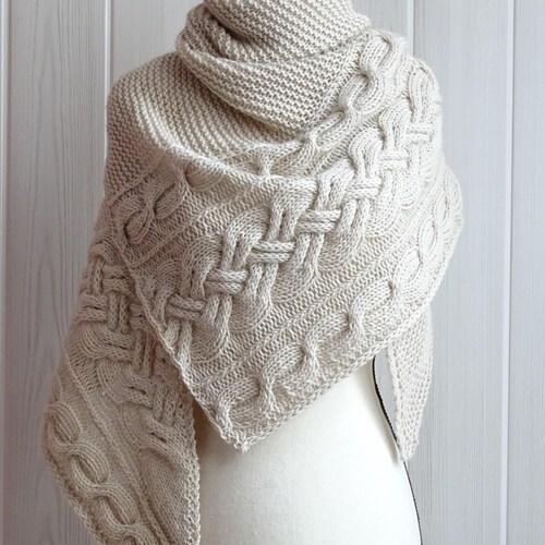 Knit shawl pattern : Becca asymmetrical cables shawl knitting pattern