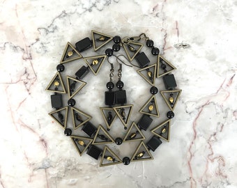 Antique Gold and Black Triangle Necklace and Earring Set