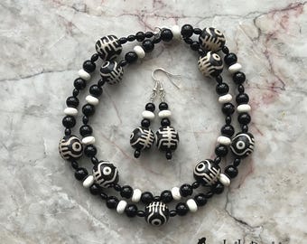 Tribal Bone Bead Necklace and Earring Set