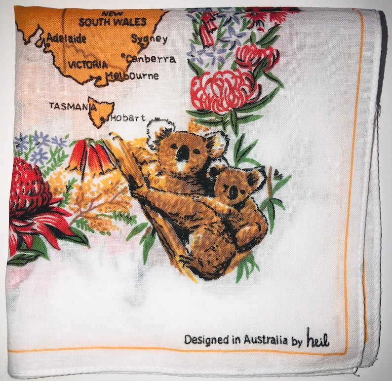 Vintage Souvenir Australia Map handkerchief hanky,Designed by heil,