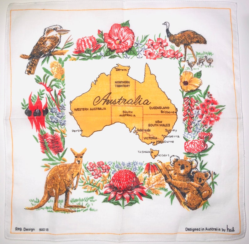 Vintage Souvenir Australia Map handkerchief hanky,Designed by heil,