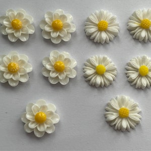 May include: Ten white daisy-shaped resin embellishments with yellow centres. The daisies have a raised, textured design.