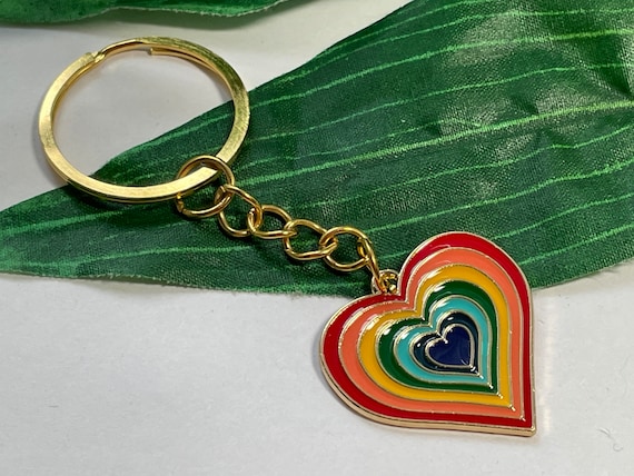 Rainbow Heart Keychains, Novelty Keychains, Orange Keyrings