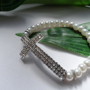 Rhinestone Cross Stretchy Pearl bracelet, Baptism Gifts, Cross  Bracelet, Bling Cross Bracelets