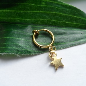 May include: Gold non-piercing ear cuff with a star charm hanging from it. The cuff is on a green leaf background.