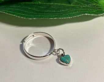 Bague pendante réglable en pierre gemme coeur turquoise, bague pendante, bague pendante d'orteil, bagues réglables. Bague ajustable pendante coeur