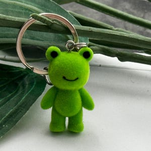 May include: A green plush frog keyring with a silver key ring. The frog has a smiling face and black eyes.