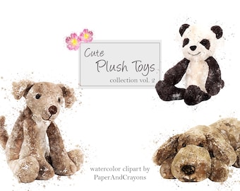 Animals Toy Clipart, Plush Toy, Watercolor Clip art, Animal Graphics, Teddy Bear, Dog, Baby Shower, Nursery Clipart PNG, Digital Download