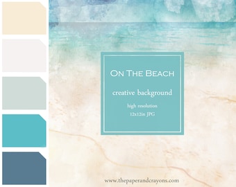 On The Beach Background, Watercolor Texture, Digital Paper Clipart, Sea Background, Blue Sky JPG, Beach JPG, Commercial Use, PaperAndCrayons