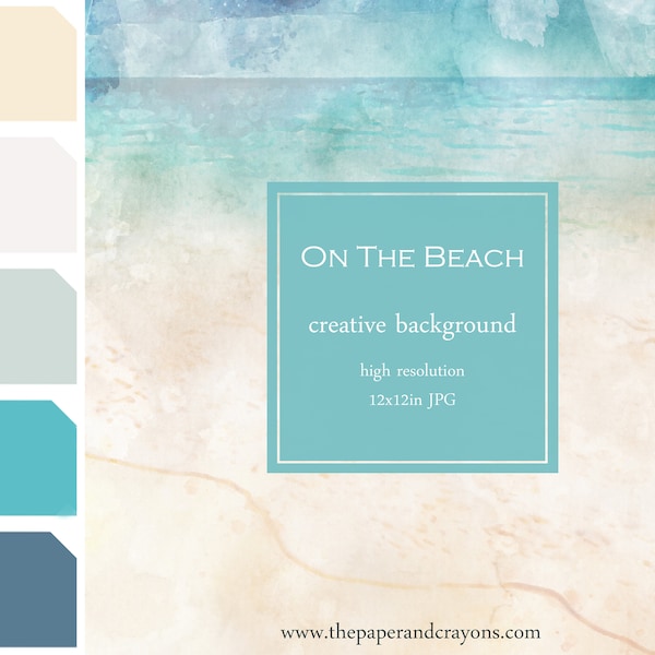 On The Beach Background, Watercolor Texture, Digital Paper Clipart, Sea Background, Blue Sky JPG, Beach JPG, Commercial Use, PaperAndCrayons