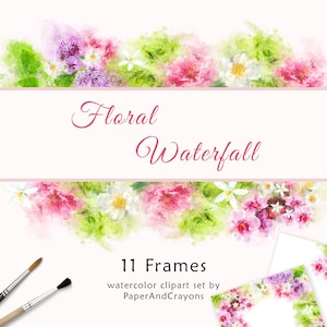 Floral Watercolor Frames Set, Rose, Jasmine, Cherry Clipart, Flower Borders, Digital Photo Frame, Waterfall Clip Art, PNG, Scrapbooking