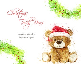 Christmas Teddy Bear Watercolor Clipart, Holiday Animal Graphics (Digital Download)