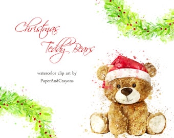 Christmas Teddy Bear Clipart, Christmas Watercolor Clip art, Animal Graphics, Bear, Christmas Decor, PNG, PaperAndCrayons, Digital Download