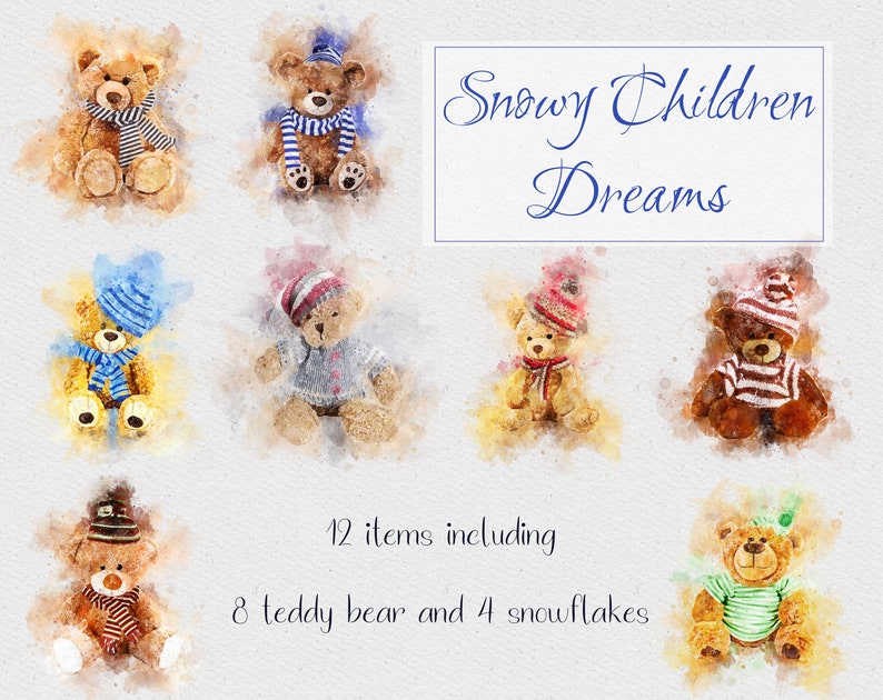 Snowy Children Dreams Teddy Bear Winter Clipart Watercolor | Etsy