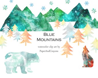 Blue Mountains Clipart, Nature Color Forest, Wild Animal Clip art, Animal Graphics, Wolf, Bear, Gift card, Transparent PNG, Digital Download