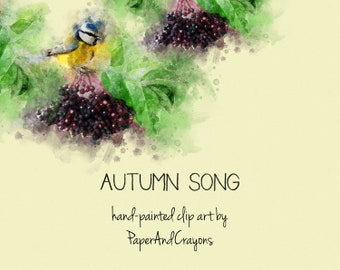 Autumn Song - Watercolor Birds Clipart in Fall Decor, Animal Graphics,Transparent PNG, PaperAndCrayons, Digital Download