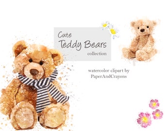Cute Teddy Bear Watercolor Clipart, Nursery PNG (Digital Download)