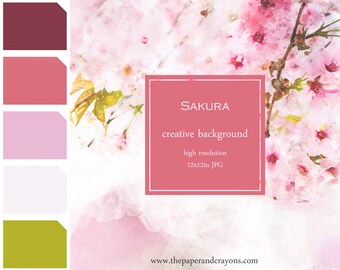 Sakura Background, Watercolor Texture, Digital Paper Clipart, Cherry Blossom JPG, Commercial Use, Creative Background, PaperAndCrayons