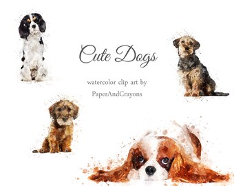 Cute Watercolor Dogs, Dog Clipart, Puppy Clip Art, Animal Graphics, Terrier, Spaniel, Border Colie, PaperAndCrayons, Digital Download