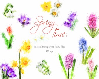 Spring Time Floral Clipart, Springtime Watercolor Clipart, Flower Clip Art Purple, Yellow, Pink Graphics, Digital Scrapbook, PaperAndCrayons