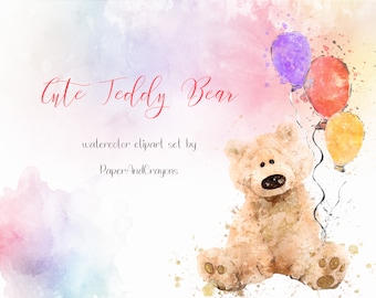 Cute Teddy Bear Clipart, Watercolor Clip art, Animal Graphics, Baby Bear, Baby Shower, Nursery Clipart PNG, Digital Download