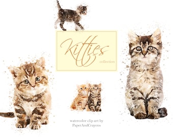 Kitties Clipart, Cute Cats Watercolor Clip Art, Kitten, Cat, invitation, birthday card, animal illustration, Tabby, Pets, Transparent PNG