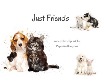 Watercolor Dogs, Cat Clipart, Dog Clip Art, Friends, Kitty, Puppy, Animal Graphics, Semi-Transparent PNG, PaperAndCrayons, Digital Download