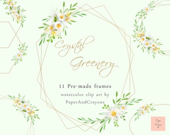 Watercolor Greenery Geometric Clipart, Floral Frames Clip Art, Crystal Greenery Flowers, Digital Photo Frame, Handpainted PNG, Download