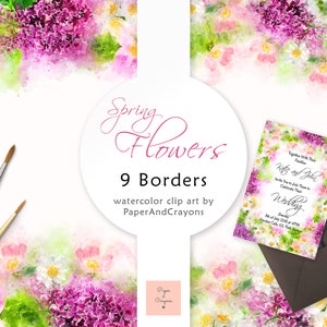 Frühling Blumen Aquarell Rahmen gesetzt, floralen Grenzen, lila, violett, Rosa Clipart, digitale Bilderrahmen, Aquarell ClipArt, PNG, Scrapbooking
