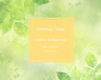 Spring Time Background, Watercolor Texture, Digital Paper Clipart, Green Leaves JPG, Commercial Use, PaperAndCrayons, Nature Background