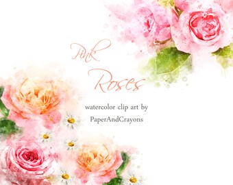 Rose Floral Clipart, Pink Rose, Daisy, Flower Clipart, Summer Watercolor Clip art, Digital Graphics, Wedding, Semitransparent PNG