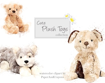 Watercolor Plush Animals Clipart, Nursery Art (Digital Download)