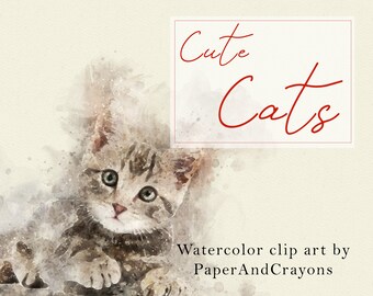 Cat Clipart, Cute Cats Watercolor Clip Art, Kitten, DIY invitation, birthday card, animal illustration, Pets, Adult, Transparent PNG