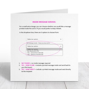 K&ouml;nnte beinhalten: Eine wei&szlig;e Karte mit einer pinkfarbenen Nachricht &uuml;ber die Optionen f&uuml;r den Nachrichtendienst im Inneren. Die Optionen sind: Nein danke, Ja - direkt senden, Ja - an mich senden. Die Preise sind in Pfund Sterling angegeben.