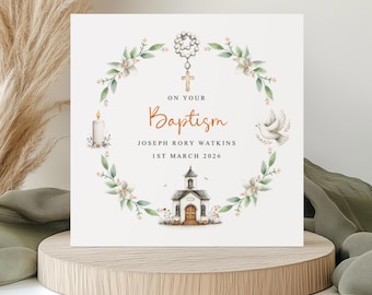 Personalised Baptism Card, Watercolour Church Illustration with Floral Wreath, Custom Christenings and Confirmations