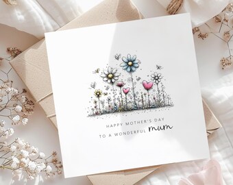 Personalised Mother's Day Card, Whimsical Floral Custom Card for Mum, Wildflowers card for Mummy