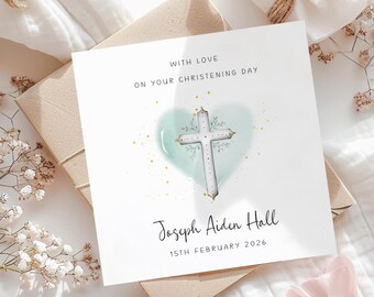 Personalised Christening Card for Boys and Girls, Suitable for Baptism and Holy Communion, Heart with Cross Religious Card