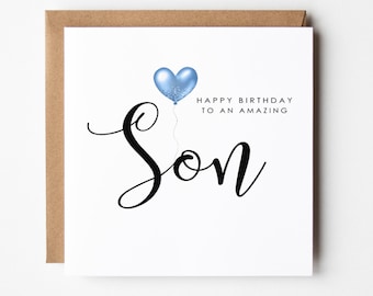 Son Birthday Card, Typography, Balloon Birthday Card for Son