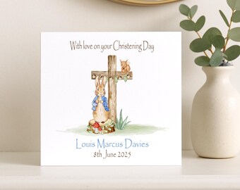 Peter Rabbit Personalised Christening Card, Woodland Themed Religious Gift for Boys