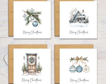 4 Pack Mixed Modern Blue Christmas Cards, Seasonal Multi Pack, Baubles & Pine Sprigs, Multipack, Winter House and Door, Sets of 4, 8, 12, 16