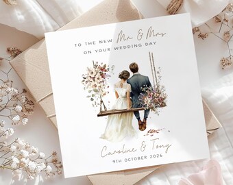 Personalised Wedding Card Keepsake - Custom Marriage Congratulations for Bride and Groom - Floral Swing Design for new Mr & Mrs