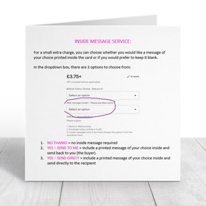 May include: A white card with a message service option for adding a personalized message to a card. The options are "No thanks", "Yes - Send to me", and "Yes - Send Direct". The price for the service is $3.75.