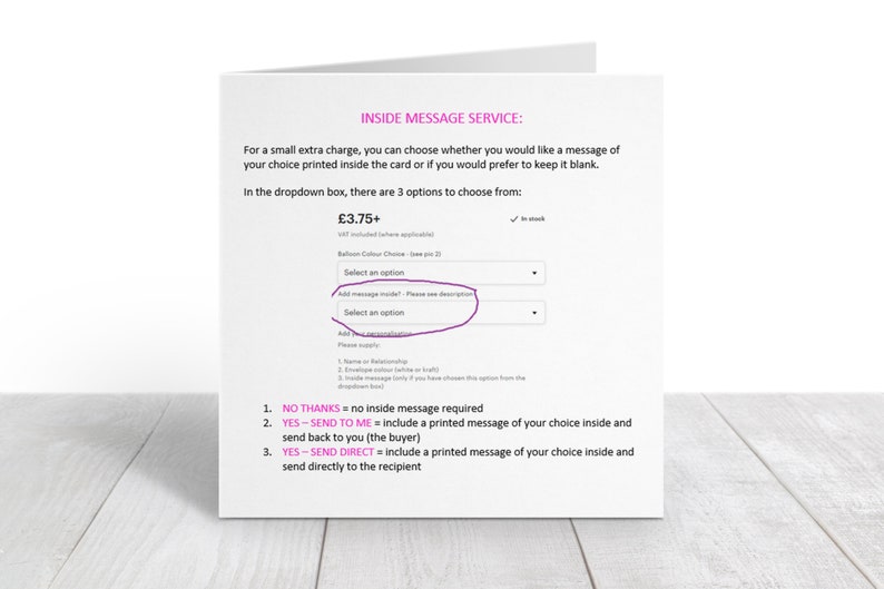 May include: A white card with a message service option for adding a personalized message to a card. The options are "No thanks", "Yes - Send to me", and "Yes - Send Direct". The price for the service is $3.75.