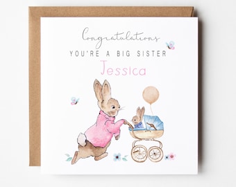 Big Sister Peter Rabbit Card, Baby Sister, Baby Brother, New Baby, Flopsy Bunny, Siblings Birth Card, Baby Peter Rabbit, Baby, Pram