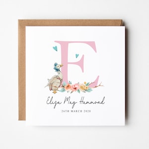 May include: A pink letter E with a floral design and a duckling illustration. The text "Eliza May Hammond" and "26th March 2020" is below the letter.
