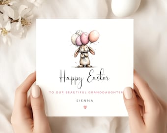 Personalised Easter Card, Bunny with Balloons, Children's Custom Whimsical Card, Cute Rabbit Illustration