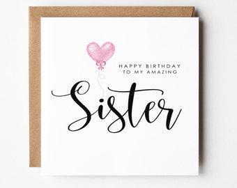 Sister Birthday Card, Typography, Balloon Birthday Card for Sister