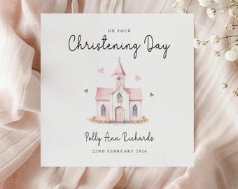 Personalised Christening Card for Girls, Baptism Card with Pretty Pink Church