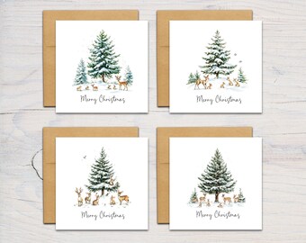 Woodland Animal and Forest Pine Christmas Card Set - Winter Outdoor Snow Scene  (4, 8, 12, 16 Multi pack)