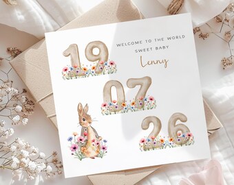 Personalised New Baby Peter Rabbit Card - Welcome to the World - Wildflower Custom Beatrix Potter Keepsake with Birth Date for Newborn